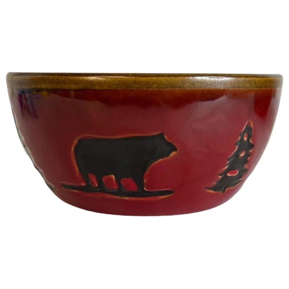2 Woodland Home Studio Red Ceramic Cereal Bowls Bear & Pine Tree Design‎ Soup